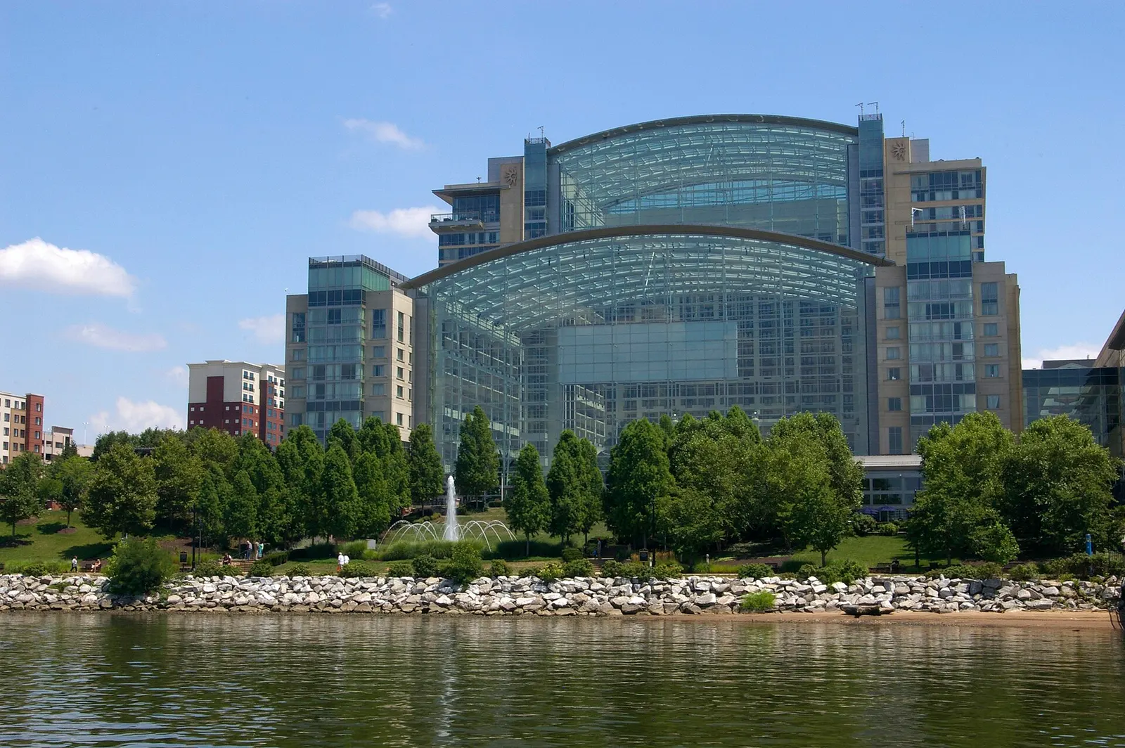 The glass atrium of Gaylord National Resort at National Harbor, seen from the Potomac River