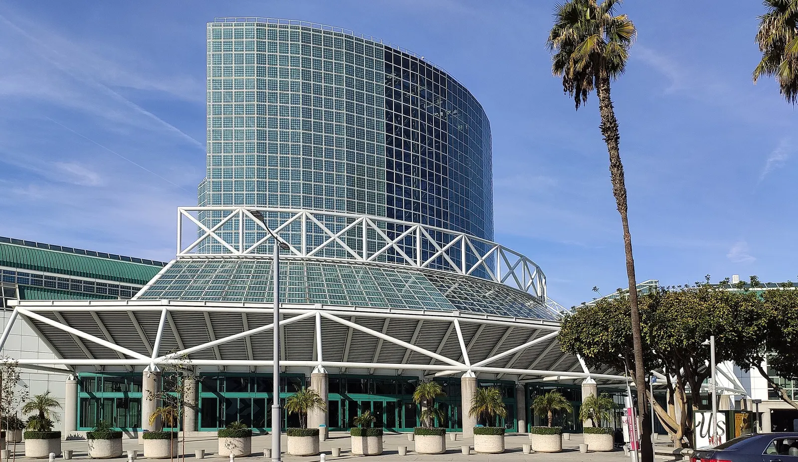 The glass South Hall entrance pavilion of the Los Angeles Convention Center