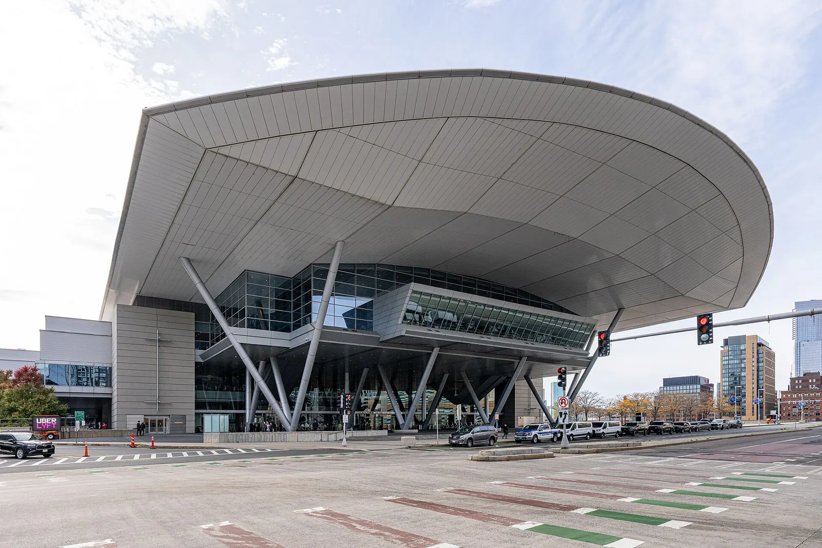 The cantilevered roof over the Summer Street entrance of the Menino Convention & Exhibition Center in Boston