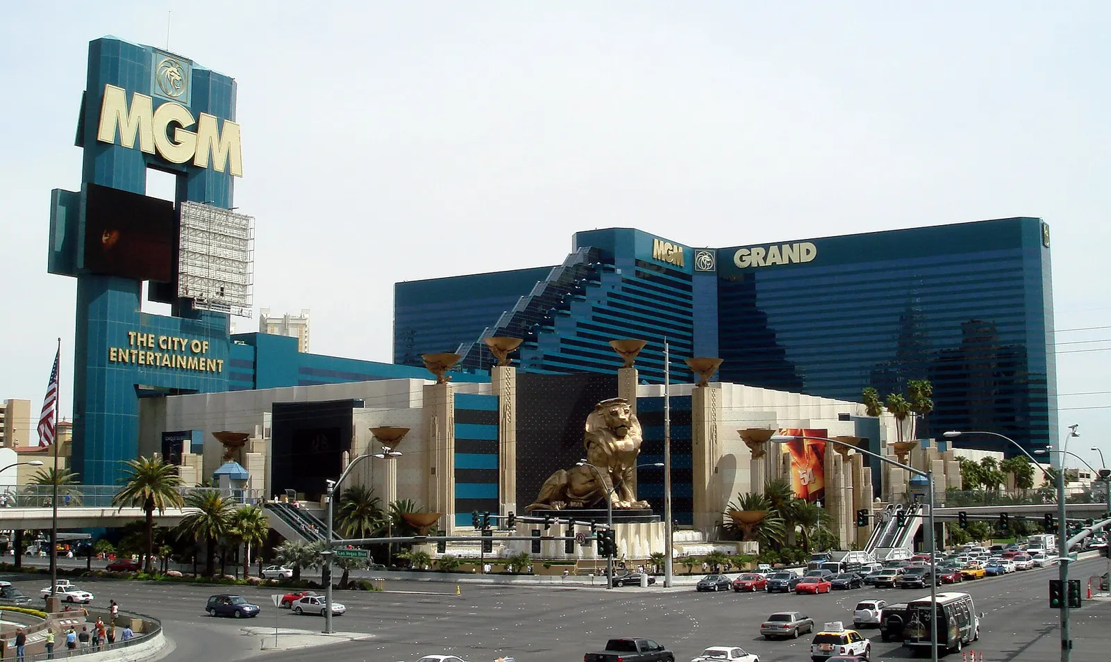 The MGM Grand Las Vegas tower and lion statue at the Tropicana Avenue corner